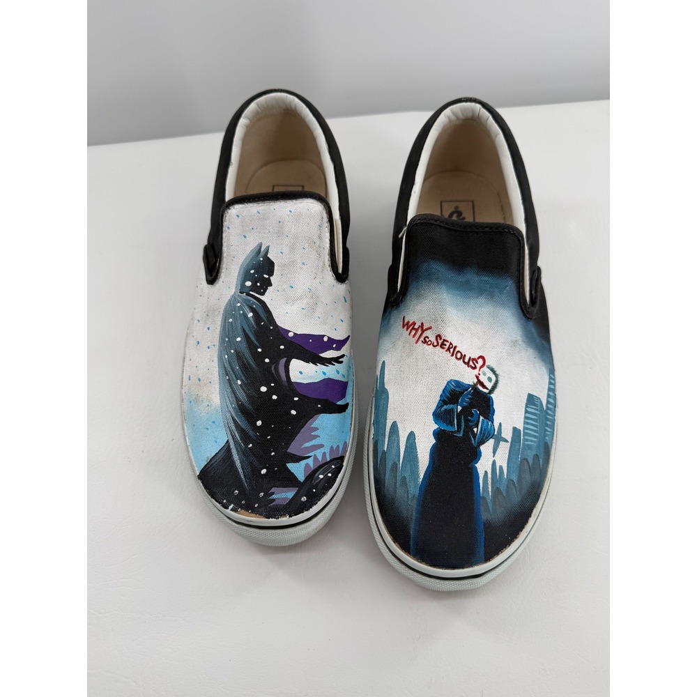 Vans Slip On Sz 12 Black Custom Hand Painted Batman Joker Why So Serious Shoes
